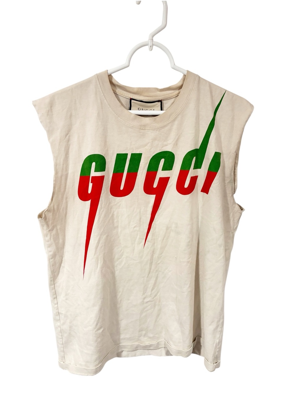 Gucci Blade Print Ivory Cotton T-Shirt CUTOFF SLEEVES Size XS